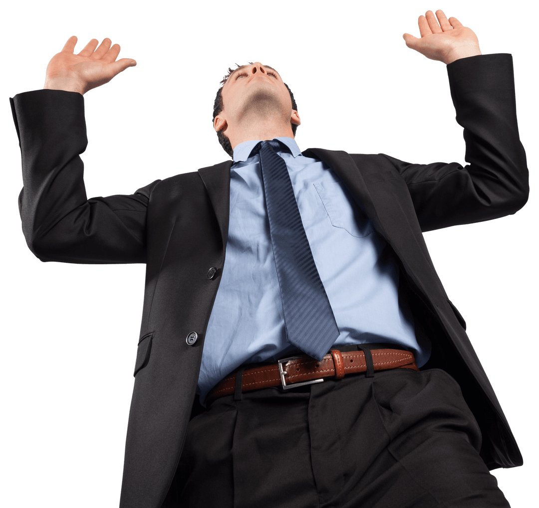 Businessman Wearing Formal Attire Raising Arms Upward Transparent