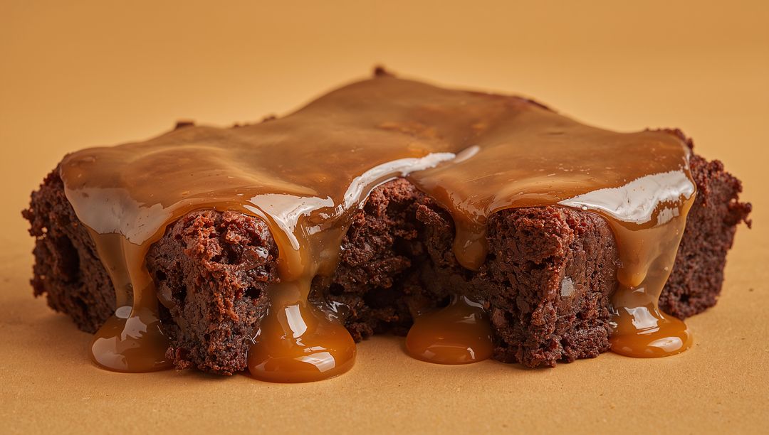Gooey Caramel Dripping Over Fudgy Chocolate Brownie Closeup Highlighting Rich Texture