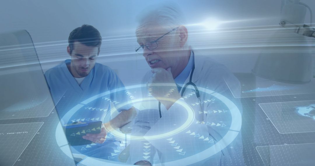 Doctors Collaborating with Futuristic Holographic Interface