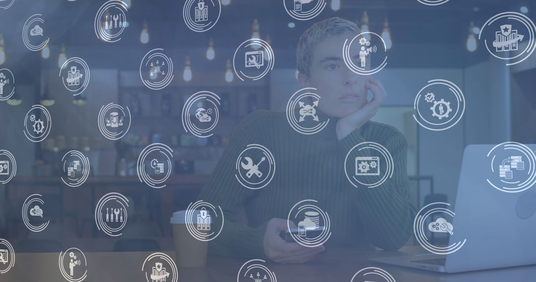 Pensive Professional in Modern Workspace with Technology Interface