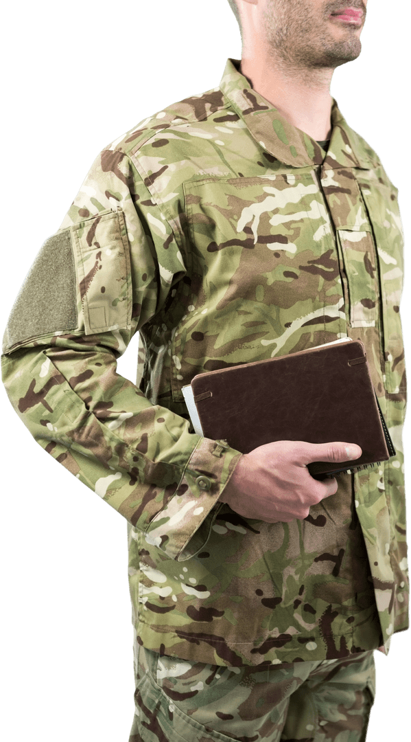 Soldier Holding a Book Standing in Uniform on Transparent Background