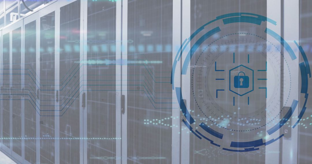 Cybersecurity Concept with Digital Padlock Overlay on Server
