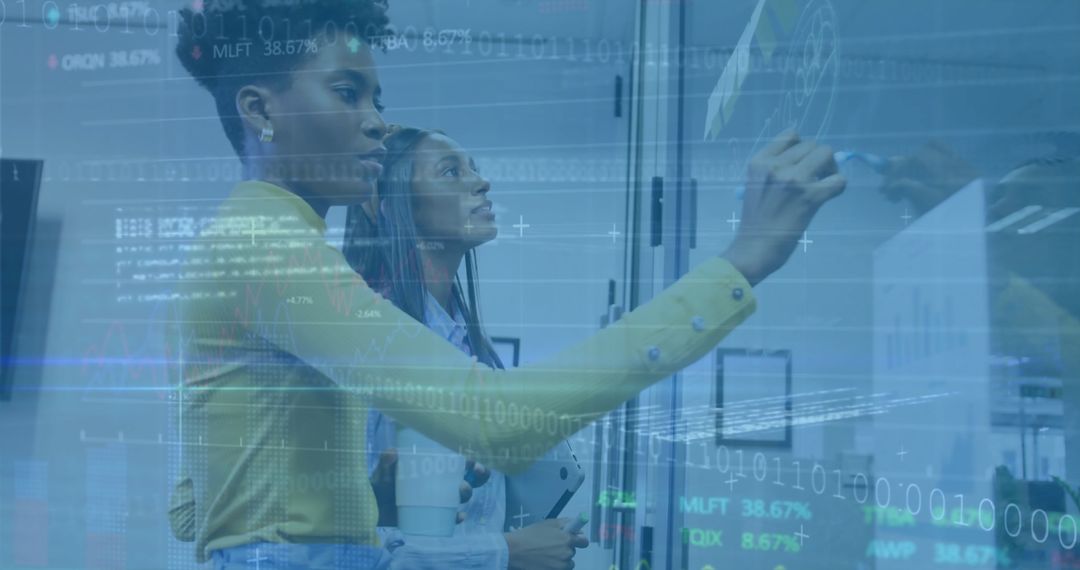 Diverse Team Collaborating Amidst Financial Data Overlay