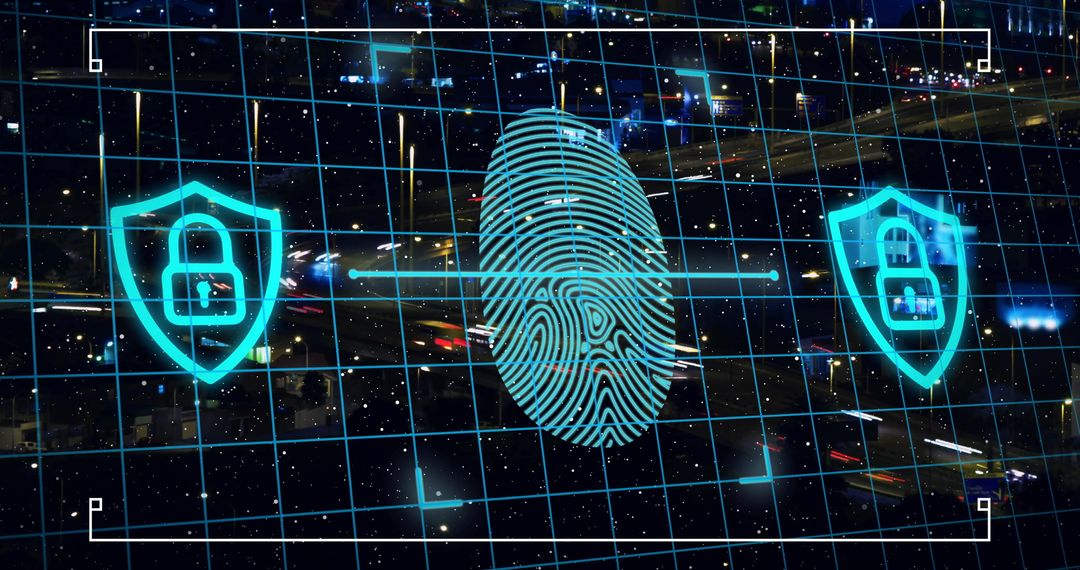 Futuristic Digital Fingerprint Biometrics Across City Skyline