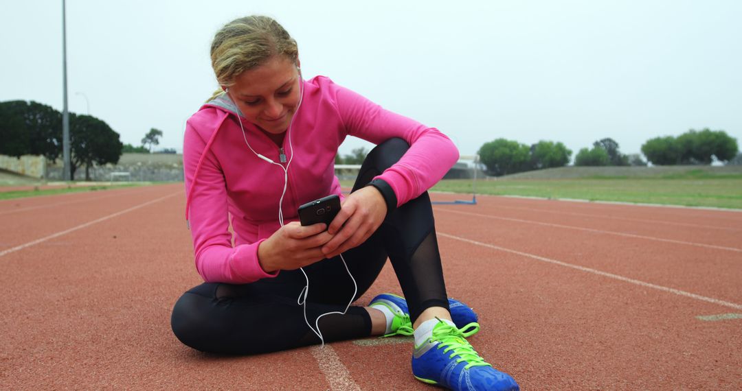 Female Athlete Resting on Running Track Listening to Music on Smartphone - Free Images, Stock Photos and Pictures on Pikwizard.com