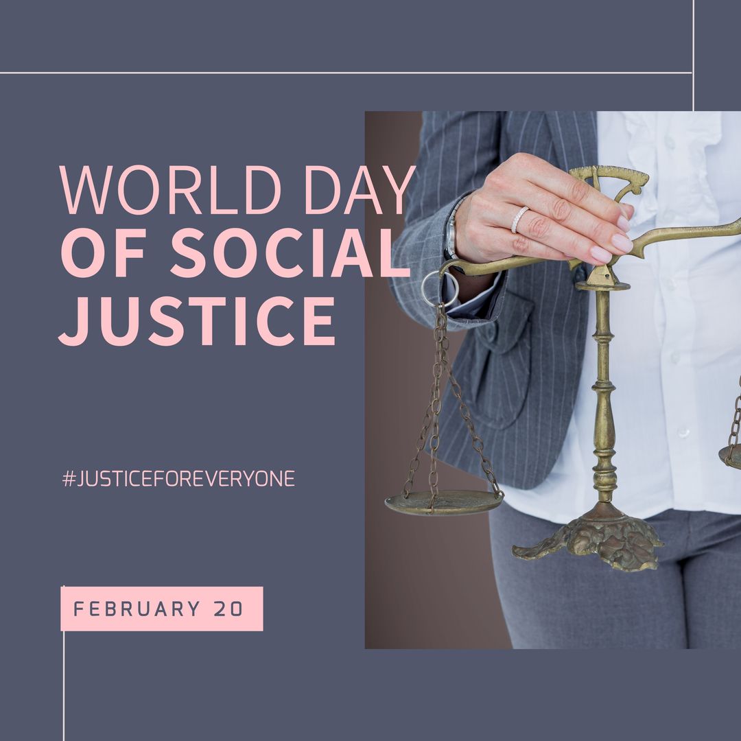 Composition of world day of social justice text and woman holding justice scales - Download Free Stock Templates Pikwizard.com