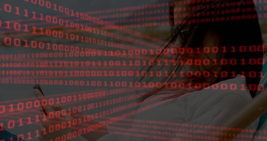 Woman Holding Smartphone with Binary Code Overlay