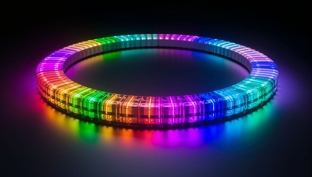 Luminescent RGB Ring Emitting Rainbow Reflections on Dark Surface with Prism Segments