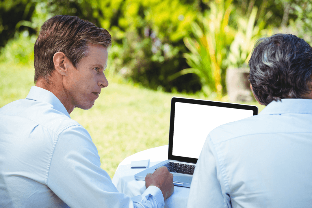 Transparent Screen Effect on Laptop in Outdoor Office Meeting
