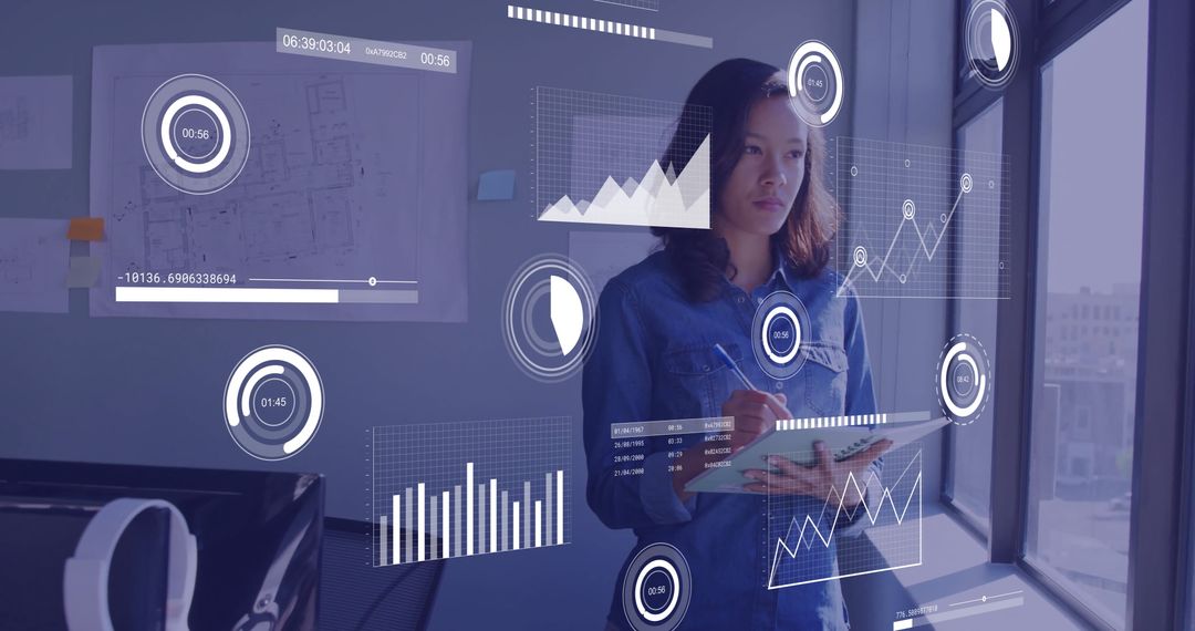 Businesswoman Analyzing Digital Data Visuals in Modern Office