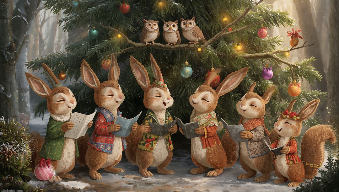 Whimsical rabbits singing carols and wearing sweaters beneath decorated fir in snowy forest