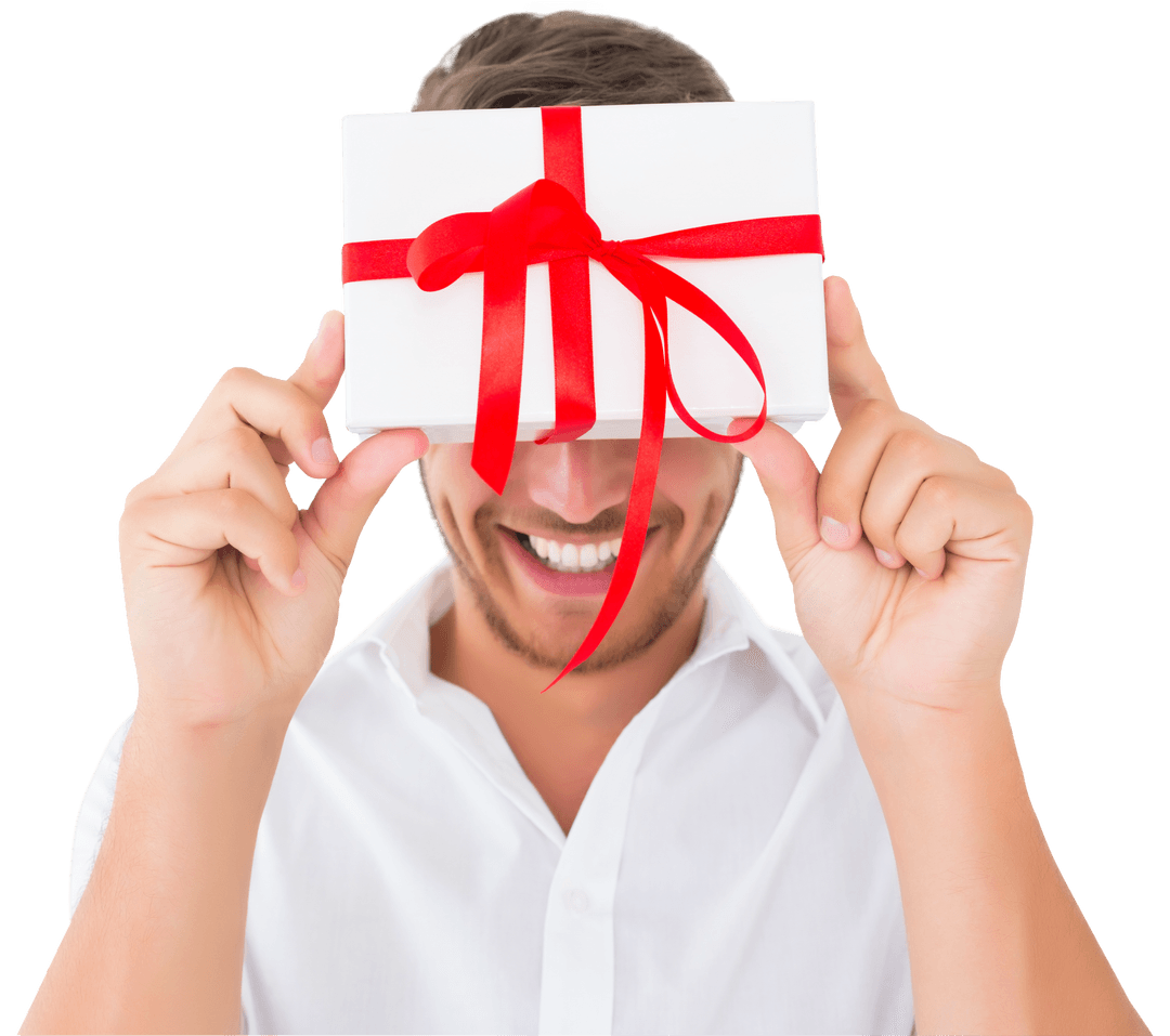 Caucasian Man Holding Gift Box Celebrating Transparent Background