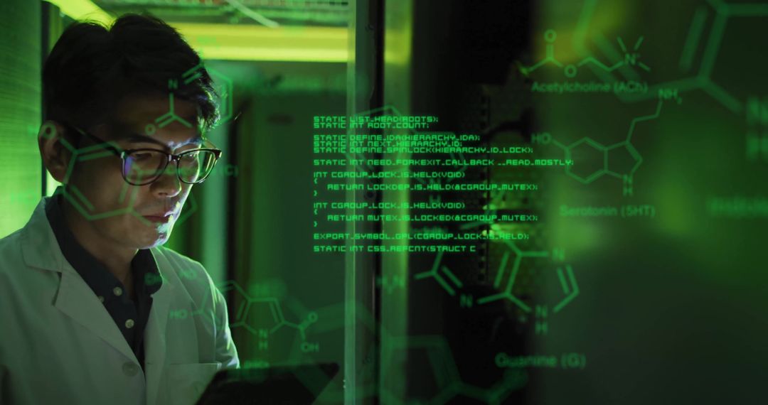 Asian Technician Analyzing Data in High-Tech Server Room