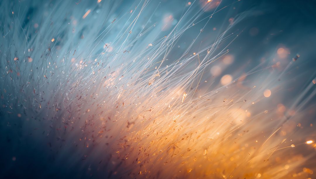 Shimmering translucent filaments catching warm macro light with dew droplets and bokeh glow