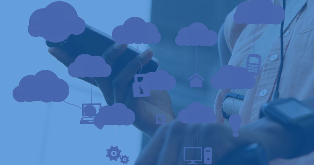 Cloud Computing Icons Over Person Using Smartphone
