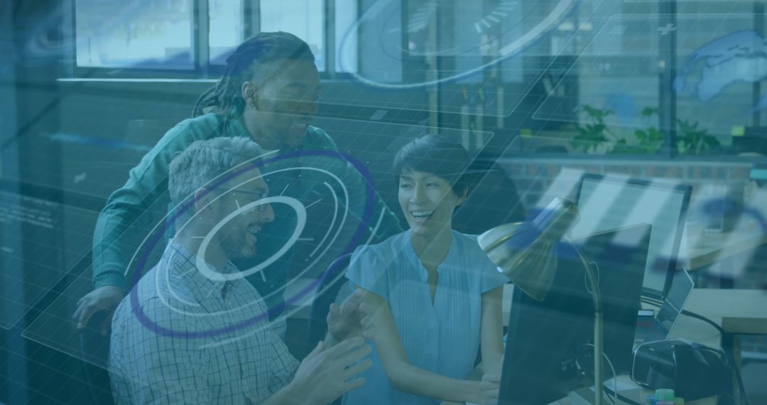 Diverse Team Collaborating in Modern Office with Financial Graphics Overlay