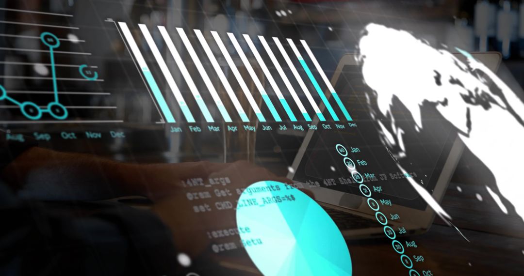 Holographic data dashboard over laptop workspace showing global analytics, bar and pie charts
