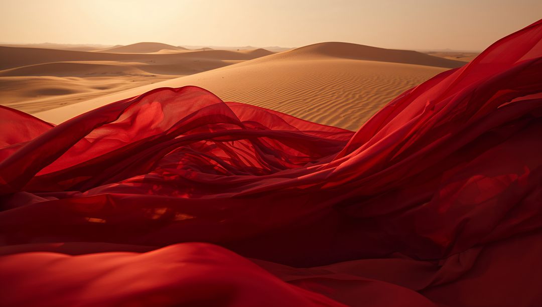 Flowing Red Fabric Across Serene Desert Dunes at Sunset