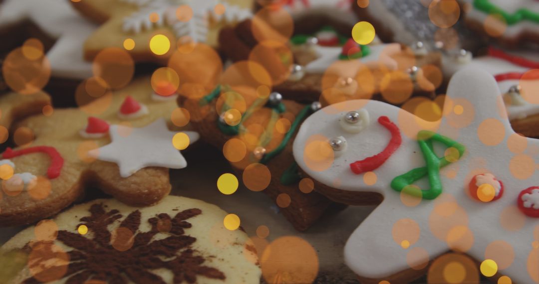 Festive Gingerbread and Decorated Christmas Cookies with Bokeh Lights