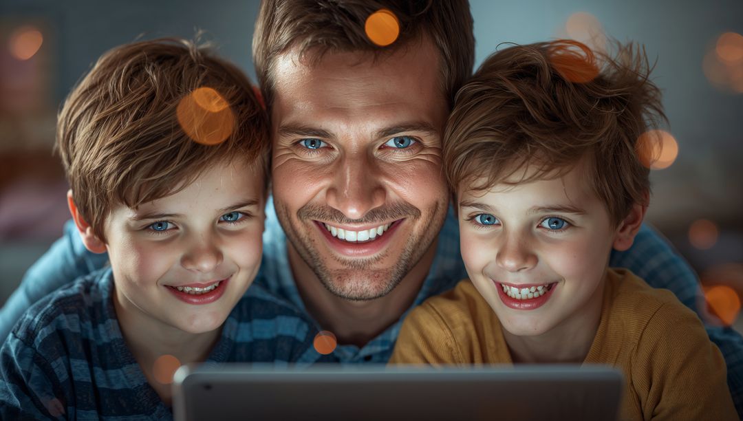 Smiling Father and Sons Viewing Tablet with Bokeh Background
