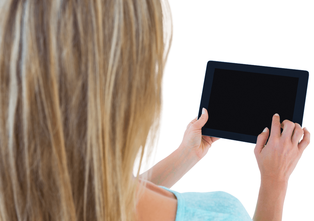 Woman Holding Tablet PC with Transparent Background