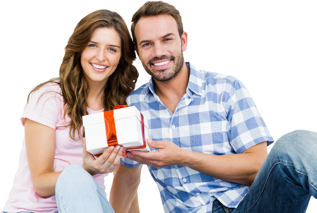 Transparent happy couple holding gift box with red ribbon - Download Free Stock Images Pikwizard.com