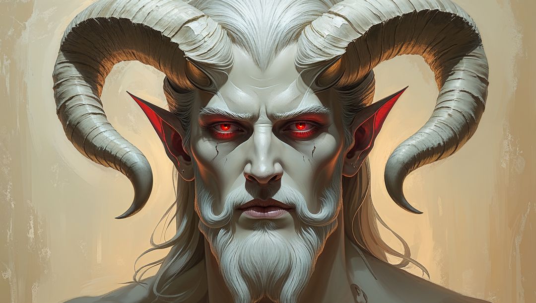 Ai generated satan with spiral horns and fiery red eyes
