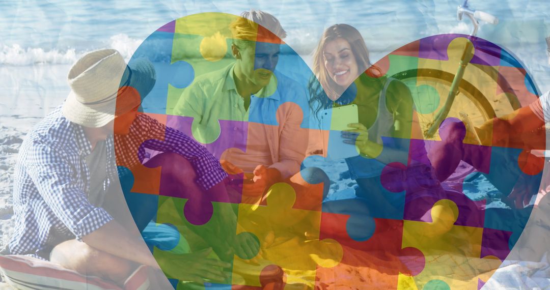 Diverse Group Enjoying Beach with Autism Awareness Puzzle Heart Overlay