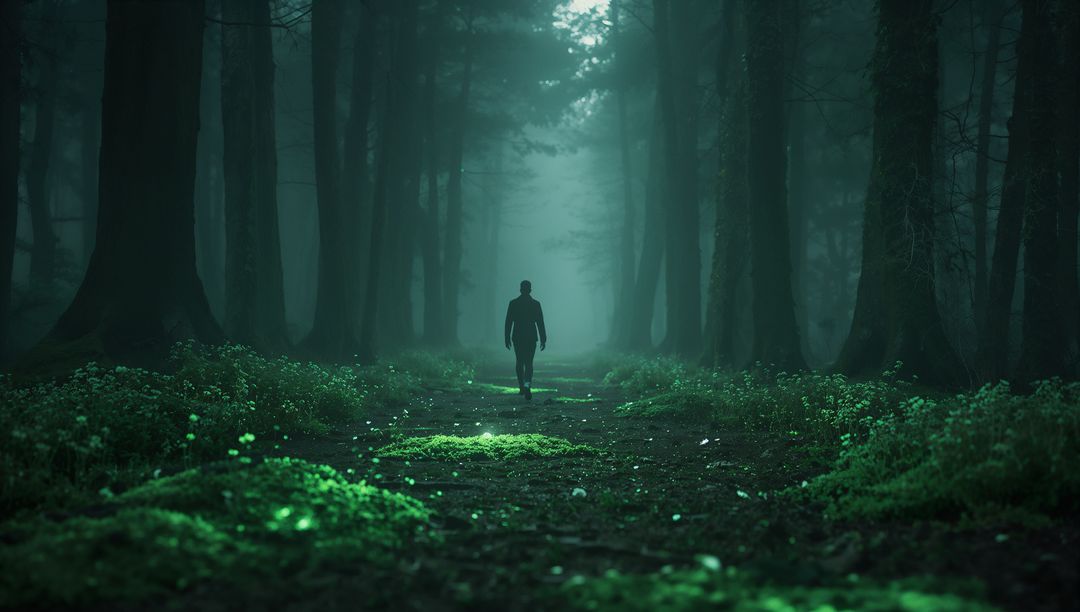 Solitary Figure Exploring Mysterious Misty Forest