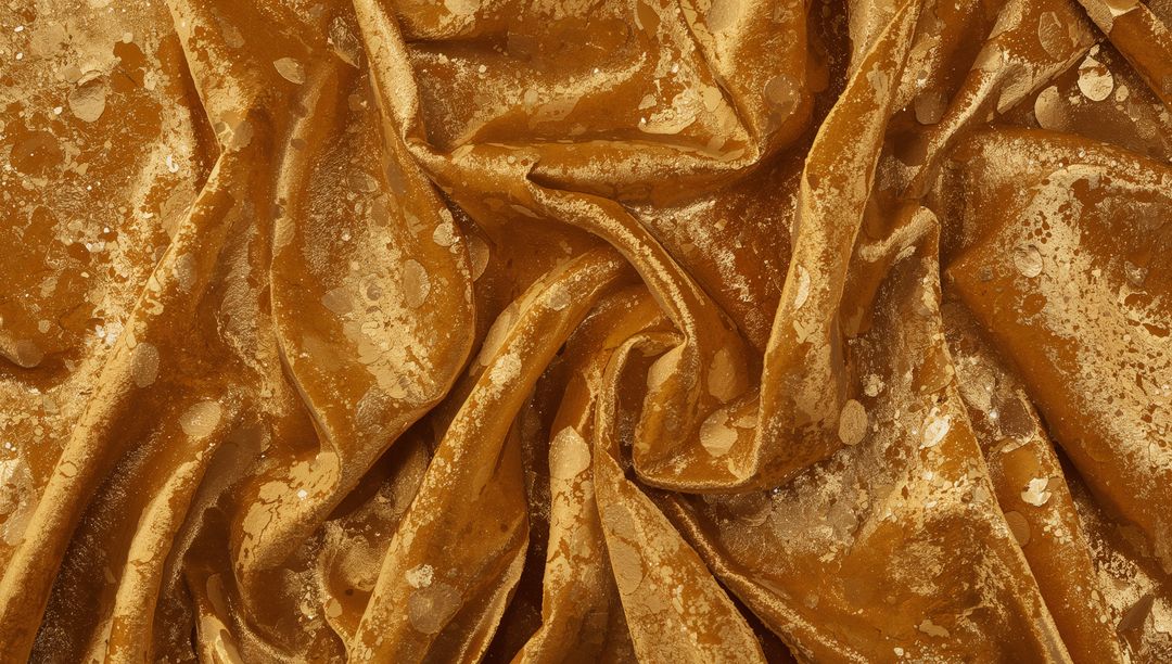 Luxurious golden crushed velvet with metallic splatter and glossy sheen, dramatic swirled folds