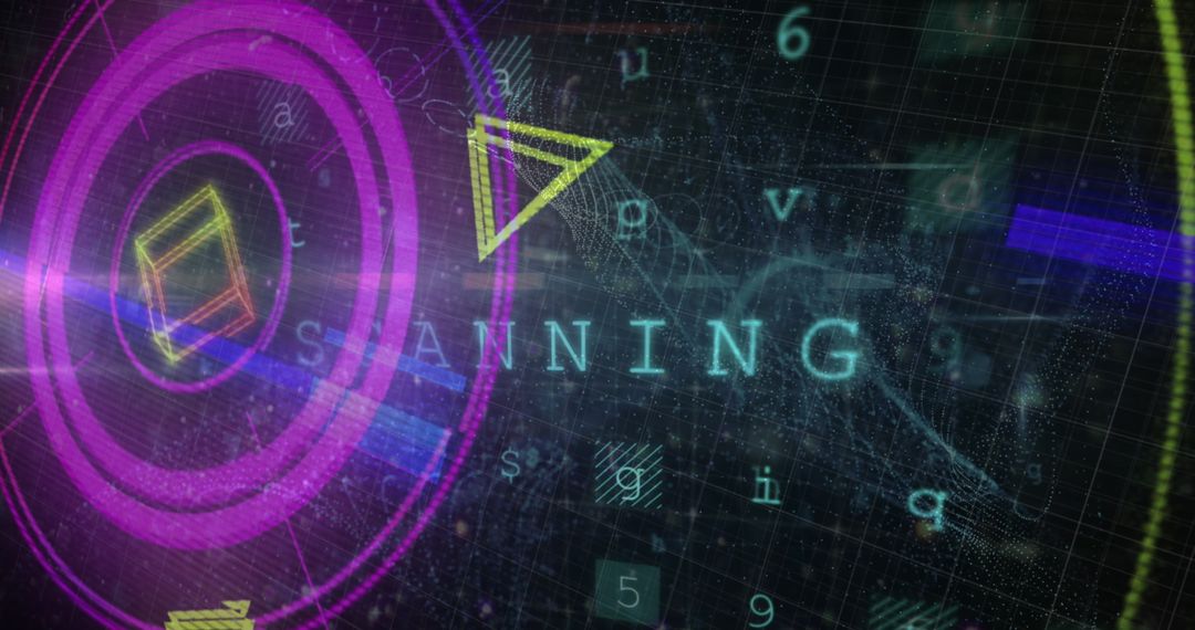 Colorful Digital Interface Display With Geometric Shapes and Scanning Text