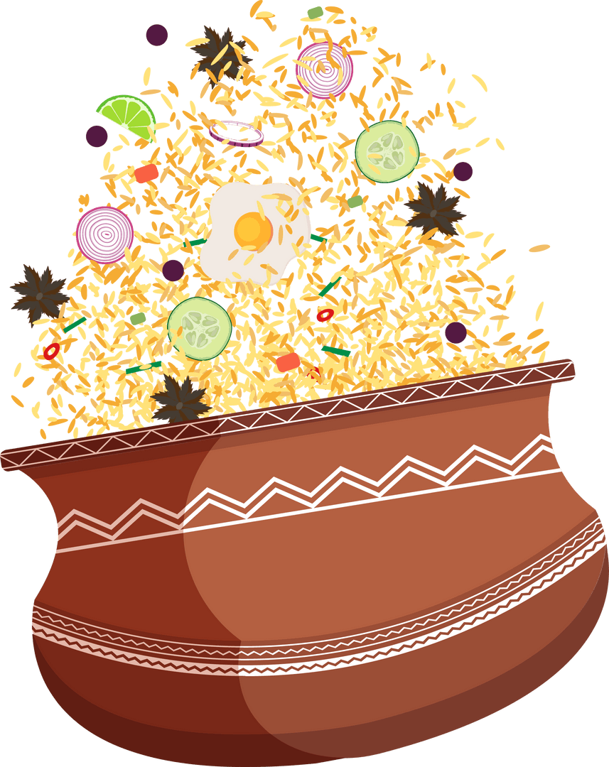Rustic Pot Overflowing with Vibrant Rice and Garnishes on Transparent Background