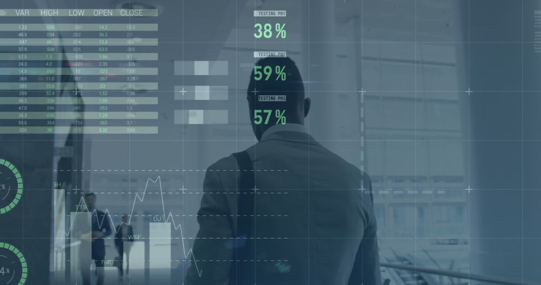 Businessman Analyzing Digital Financial Data with Infographic Overlay