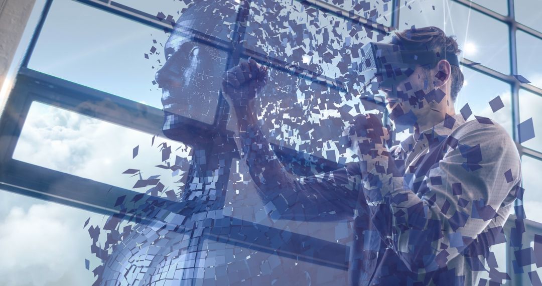 Man Interacting with Digital Fragmented Human Figure