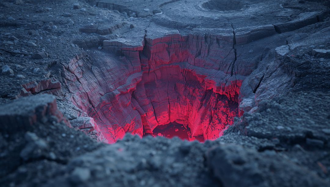 Glowing Red Crater Amidst Rugged Badlands Mystery