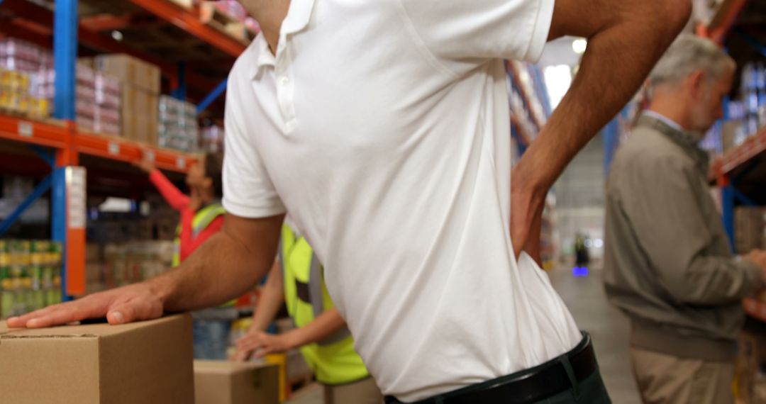 Warehouse Worker Holding Back in Pain Flexing Muscles