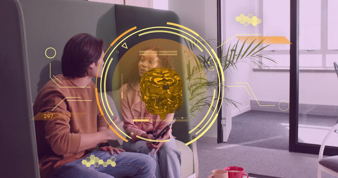 Coworkers Interacting with Augmented Reality Interface in Office Lounge