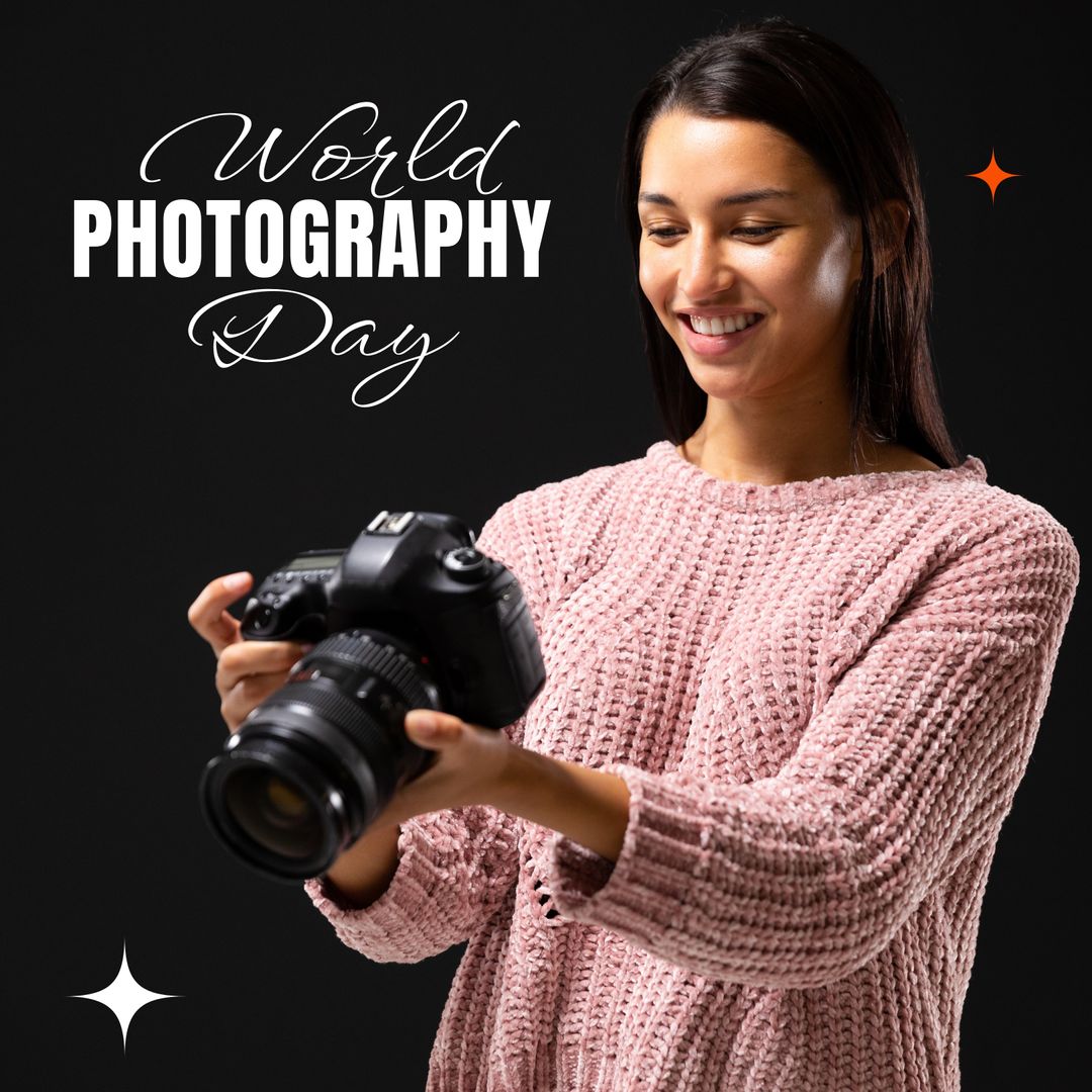 Joyful Female Photographer Celebrating World Photography Day - Download Free Stock Templates Pikwizard.com