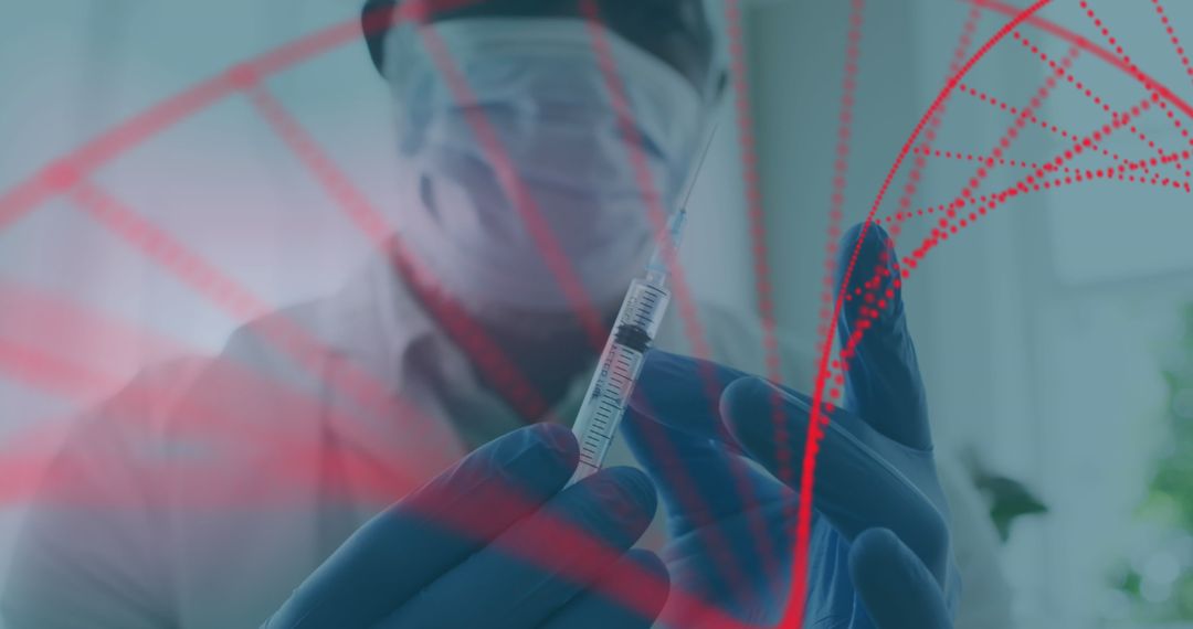 Doctor Examining Syringe with DNA Overlay, Digital Health Symbolism