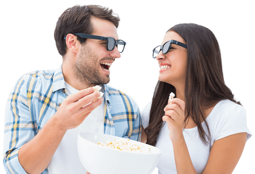 Couple Enjoying 3D Movie with Popcorn on Transparent Background