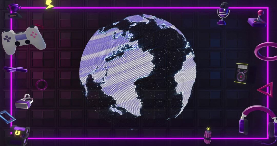 Intergalactic Tech Globe with Gaming Icons in Neon Theme