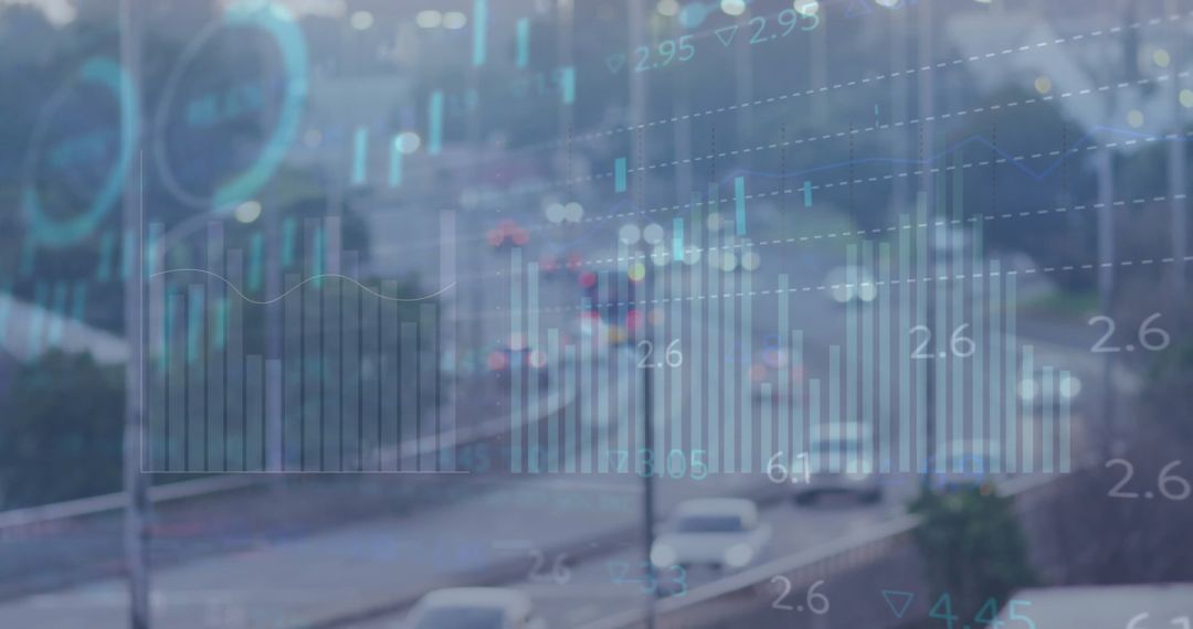 Data Visualization Overlay on Busy Urban Road for Digital Finance Concept