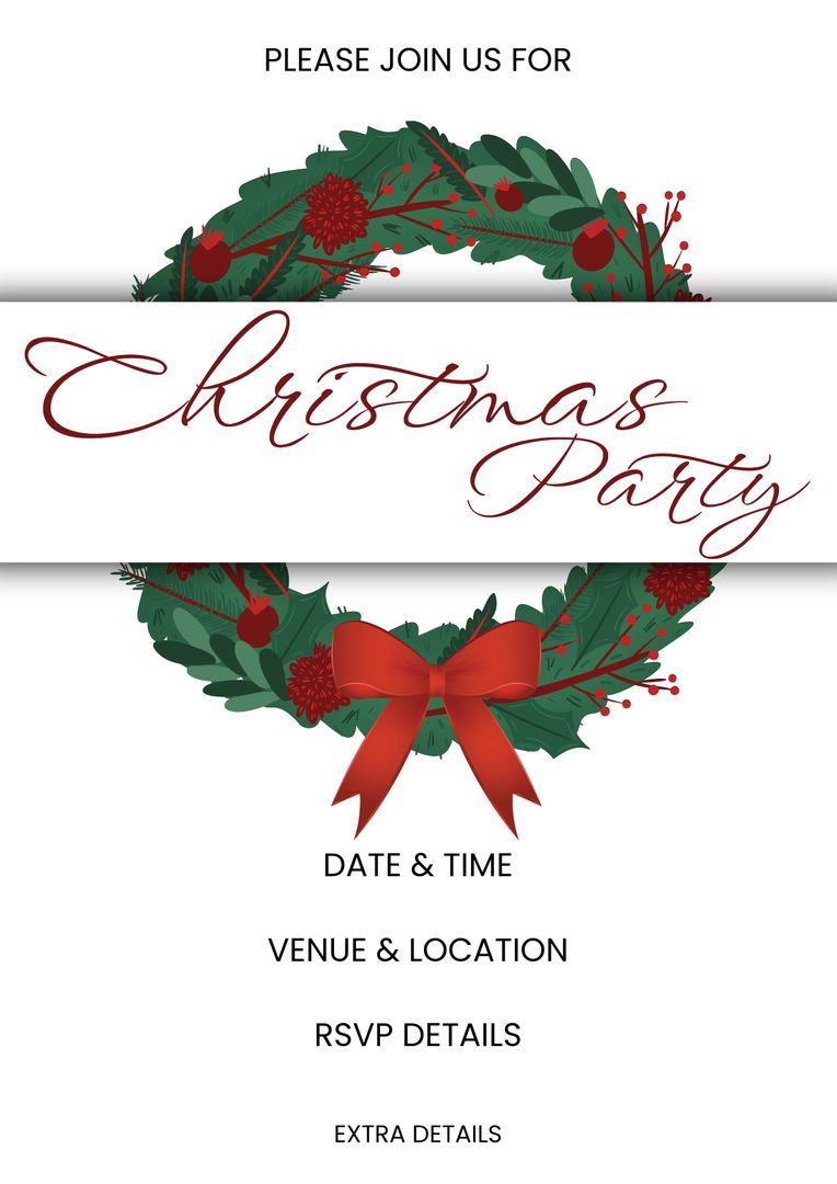 Please join us for christmas party with date, time, venue, location, rsvp details text and wreath - Download Free Stock Templates Pikwizard.com