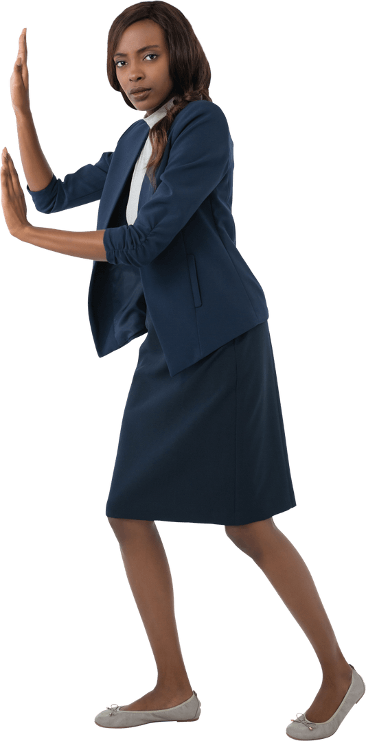 Businesswoman in Elegant Suit Pushing Invisible Concept Transparent Background