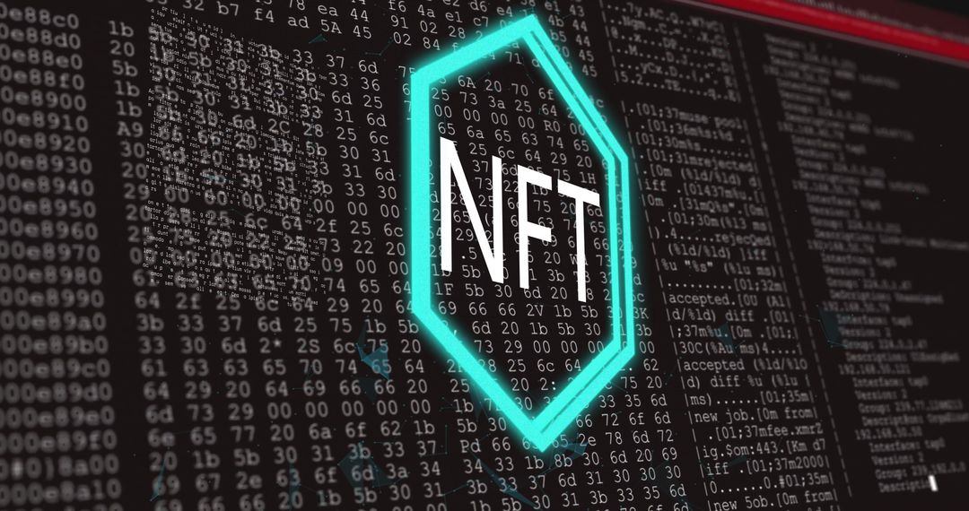 Glowing Hexagon NFT on Coding Background Digital Blockchain Concept