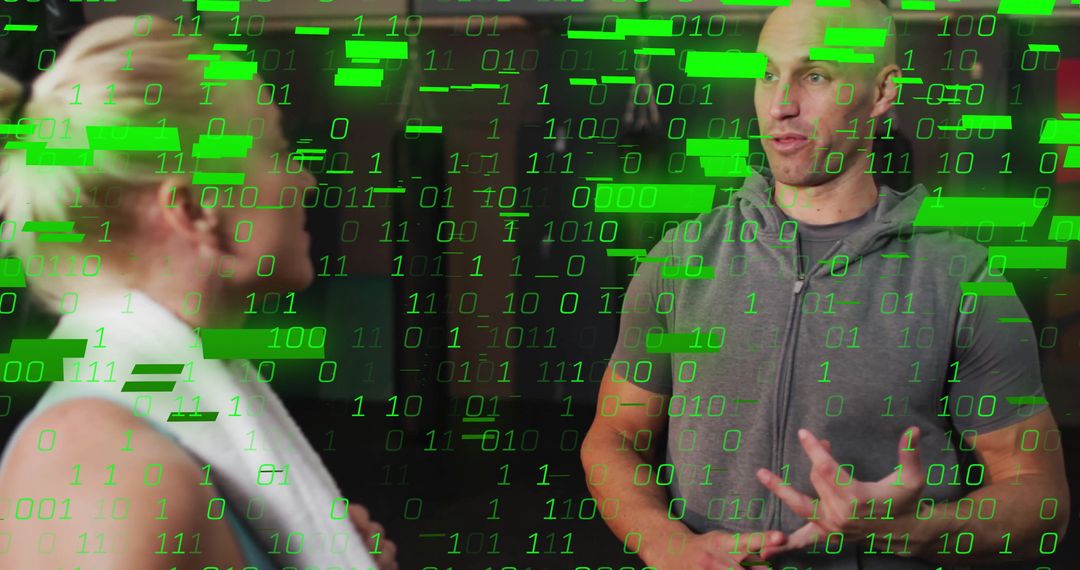 Athletic Trainer and Client in Digital Workout Discussion Overlaid with Binary Code