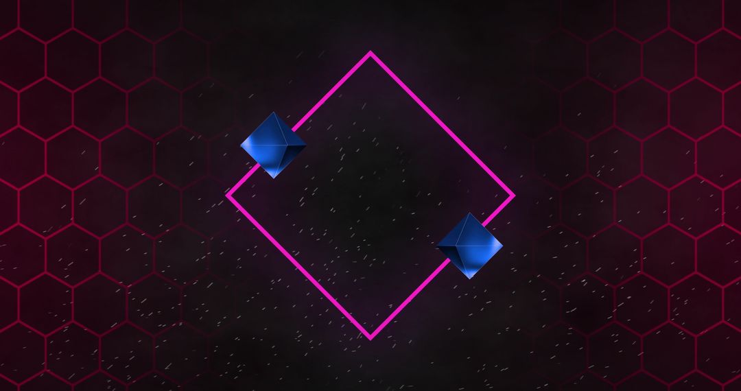 Futuristic Neon Diamond with Blue Pyramids and Hexagonal Grid