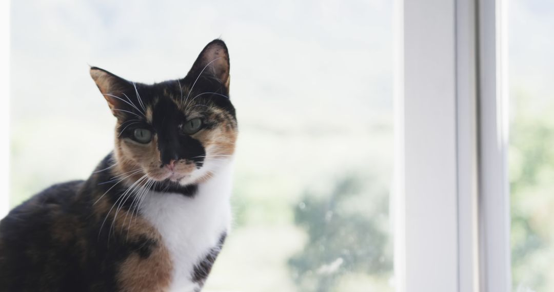 Curious Calico Cat Sitting By Window - Free Images, Stock Photos and Pictures on Pikwizard.com