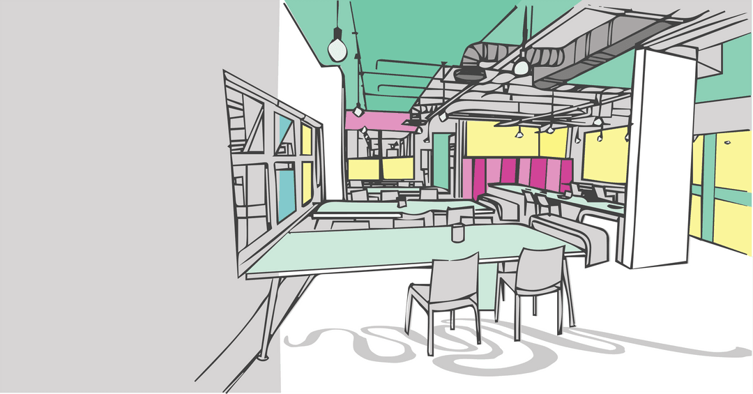 Modern office interior with transparent walls design in vibrant colors