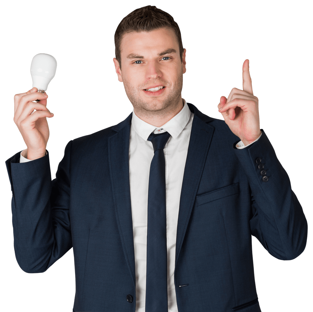 Transparent Businessman Holding Light Bulb Pointing Up